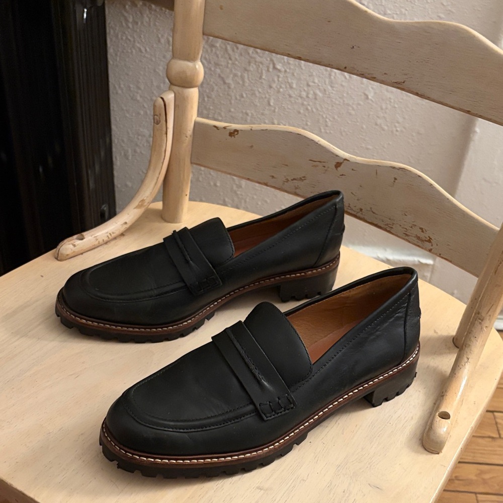 Madewell Black Leather Lug-Sole Penny Loafers